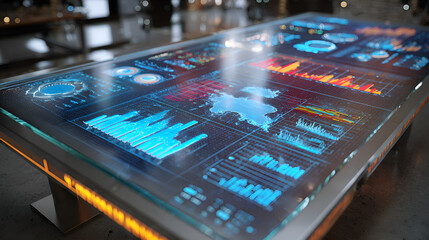 Futuristic interactive touchscreen table displaying complex data visualizations