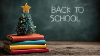 Festive back to school Christmas tree atop colorful books against chalkboard, celebrating the holiday season on transparent background