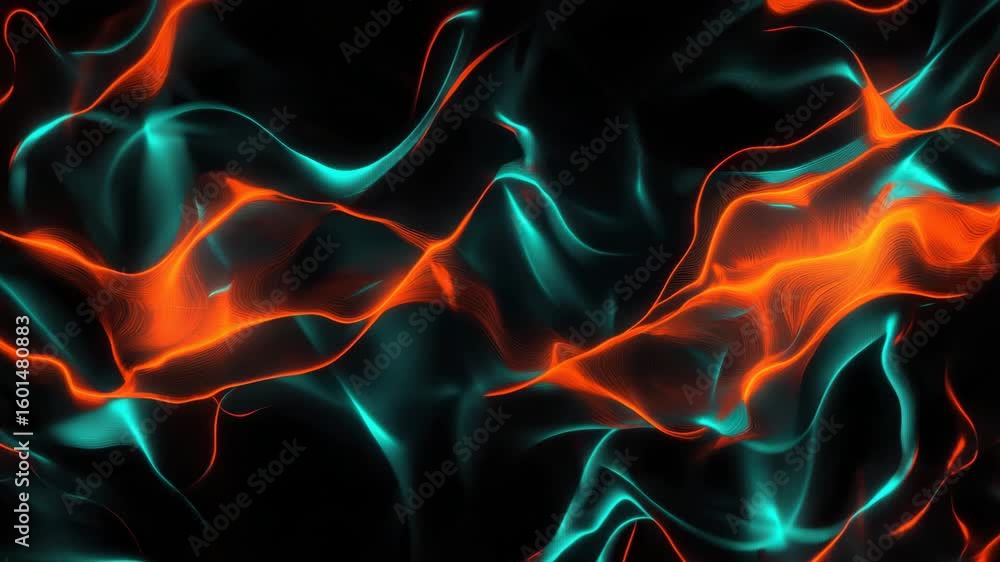 Poster abstract orange and teal light patterns on a dark background creates an artistic visualization