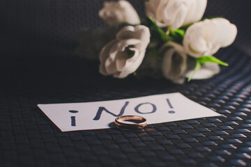 A paper with a wedding ring written 