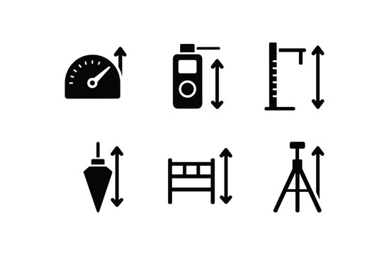 solid icon isolated height clinometer protractor height rangefinder laser height stadiometer step ladder height plumb bob height scaffolding plank height tripod etension