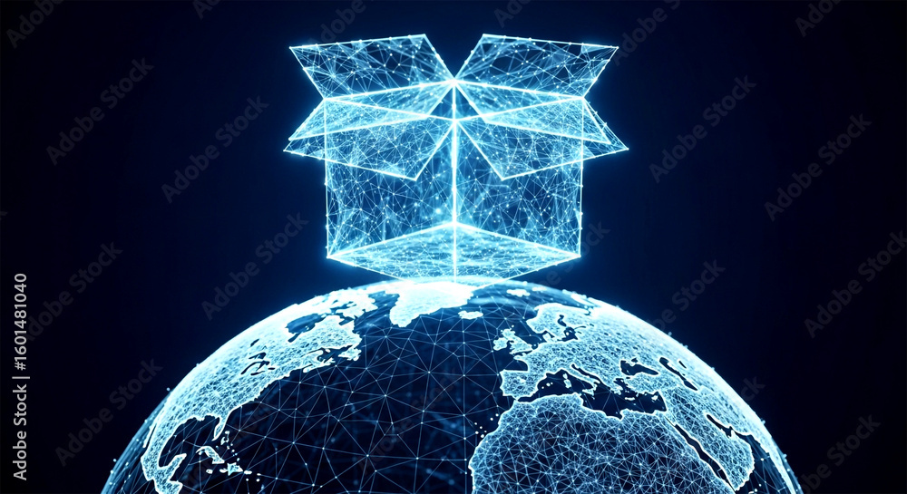 Poster glowing open box hovering above a digital globe made of interconnected lines on a dark background