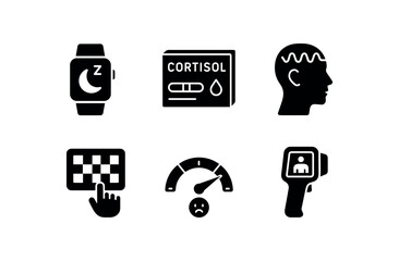 solid icon isolated fatigue sleep quality tracker band fatigue cortisol assay kit fatigue EEG brainwave monitor fatigue reaction time tester fatigue alertness score meter fatigue thermal