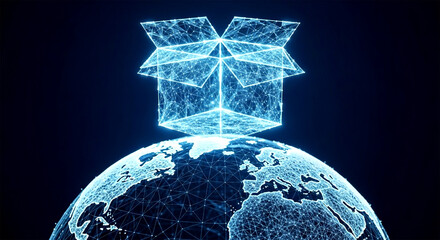 Glowing open box hovering above a digital globe made of interconnected lines on a dark background
