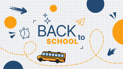 Back to school banner with a pixel school bus on a graph paper background. Education concept for kids.