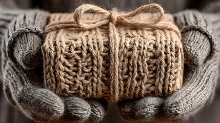 Obraz premium A person wea mittens is holding a small wrapped gift with a bow made of twine or rustic st.