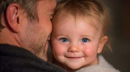 A smiling baby with bright blue eyes being lovingly held by a parent indoors in a softly lit environment.