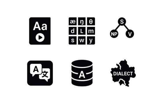 solid icon isolated language grammar guide language phoneme chart language synta tree language translator module language corpus database language dialect map