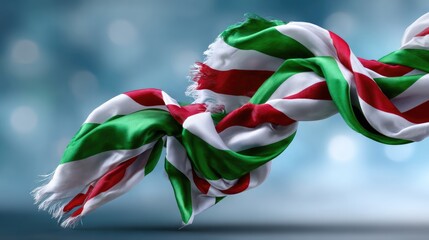 Vibrant red white green flag cloth waving freely against a bright blurred blue sky. Symbol of national day, constitution day, foundation day.