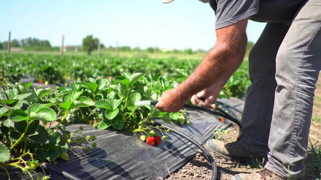 Farmer Connects Drip Irrigation on Strawberry Patch on Sunny Day
