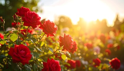 Lush red roses in sunlight