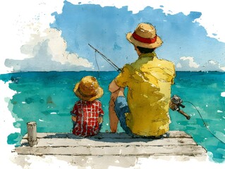 A father and son enjoy a peaceful day fishing together from a wooden dock, painted in watercolor style.