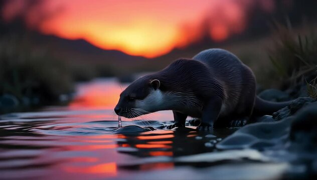 Eurasian otter drinking from a fresh stream