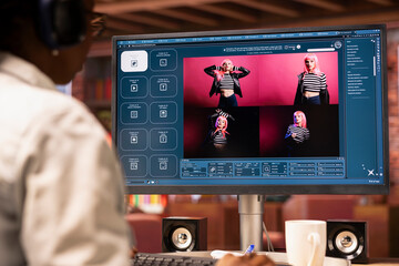 Woman at apartment desk using AI software on PC device turning text prompt into photos. Person in...