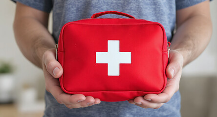 Close-up photo of two hands holding forward a red fabric first aid kit with a white cross symbol.