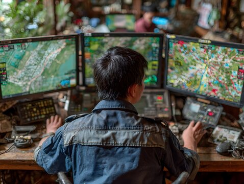 Man monitors multiple screens displaying detailed geographical data and complex controls in rustic setting.