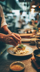 Chef preparing a dish with pasta and greens in a restaurant kitchen with other chefs working