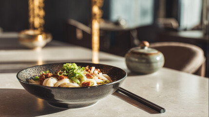 A bowl of asian noodles with green garnish and chopsticks on a marble table in a restaurant setting