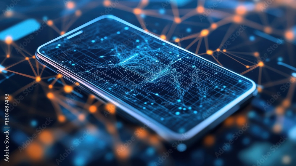 Poster modern smartphone with complex data visualization on screen.