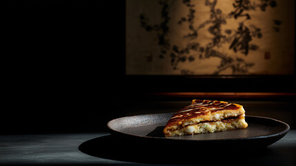 A slice of pie on a black plate with an abstract painting in the background in a dark setting