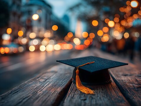 Graduation cap with tassel sits on weathered wooden surface in an evening urban setting with bokeh lights.