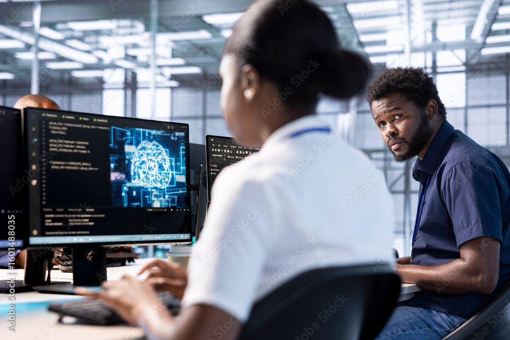 Poster teamworking admins in artificial intelligence server farm checking recovery plan, monitoring energy 