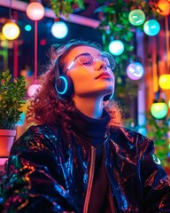 A woman immersed in music, enjoying the vibrant glow of lights around her, with her eyes closed. She wears headphones, savoring the moment with complete focus and calmness