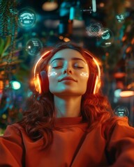 A young woman listening to music in a vibrant, futuristic environment, immersed in a world of sound and technology