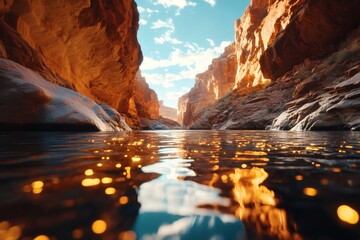 A stunning shot capturing a sunlit canyon's reflection on the water's surface. A truly inspiring natural landscape with its impressive formations and the way the water mirrors the sky
