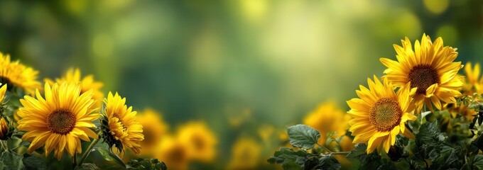 Bright yellow sunflowers with a blurred green background, providing ample copy space for text Generative AI