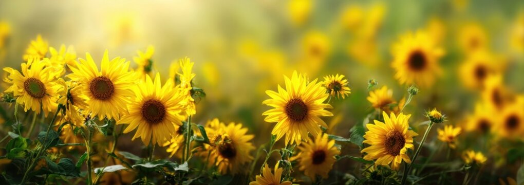 Sunny day, sunflowers in full bloom, blurred background, ample space for text, banner design, green and yellow color palette Generative AI - Powered by Adobe