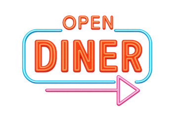 Vintage neon sign glowing pink, displaying open diner status with directional arrow on isolated background
