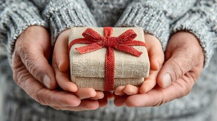 A small gift box with a red ribbon held in the hands of an adult and a child shows love and giving.