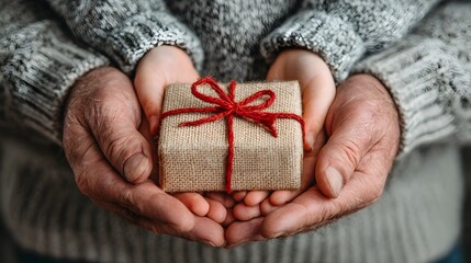 Grandfather lovingly presents a small burlap wrapped gift with red st to child on a cozy winter day.