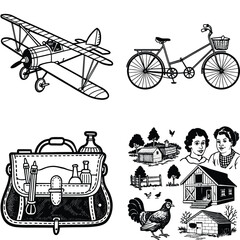 Vector art of a collection of vintage transportation and farm elements including an airplane bicycle satchel and farm scene isolated on white background