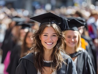 A young woman smiles proudly in her graduation gown surrounded by classmates in academic regalia event.