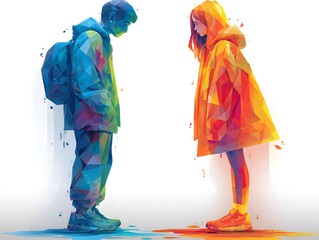 Abstract young couple facing each other, rendered in vibrant polygonal style against white background art
