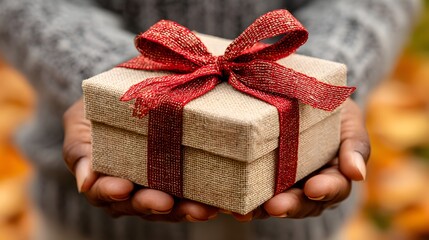A person carefully presents a beautifully wrapped gift box tied with a vibrant red ribbon as a kind gesture.