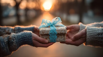 Two people are passing a wrapped gift to one another du a beautiful sunset, showing care and affection.