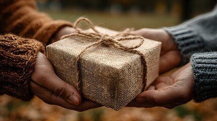 Hands carefully present a rustic gift wrapped in burlap and tied with twine amidst autumn leaves falling down.
