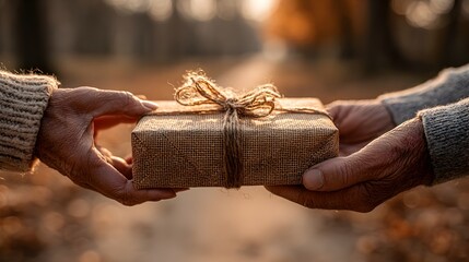 Presenting a wrapped gift with rustic twine outdoors in autumn leaves, creating a heartfelt moment of giving.