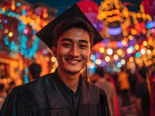 A young man proudly smiles wea a graduation cap and gown surrounded by colorful celebration lights.