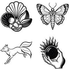Vector art of a collection of four distinct black and white illustrations seashells with pearls a butterfly a running fox and a hand holding a sun symbol isolated on white background