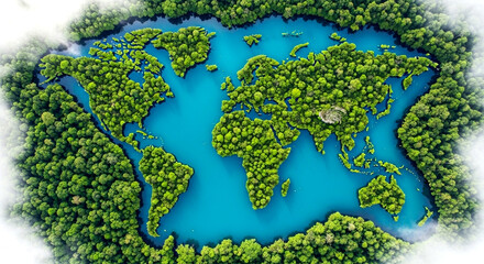 Aerial view of world map made of trees and water representing environmental conservation concept