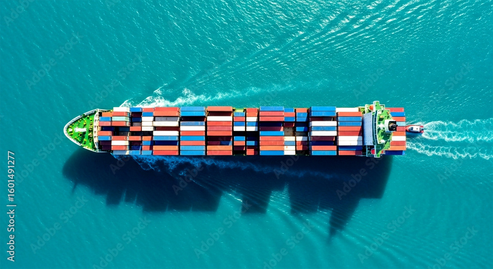 Poster aerial view of a container ship sailing on the ocean with a small boat following behind it closely