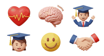 Illustration featuring heart with ekg brain with thinking text graduation figures and handshake image on transparent background