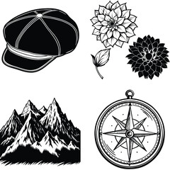 Vector art of a collection of graphic illustrations featuring a vintage cap blooming flowers majestic mountains and a navigational compass isolated on white background