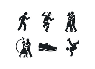 solid icon isolated rhythm (dance moves): salsa step hip hop move tango embrace waltz spin tap shoe breakdance freeze