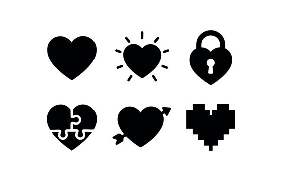 solid icon isolated heart (icons): heart glowing heart heart lock heart puzzle heart arrow piel heart