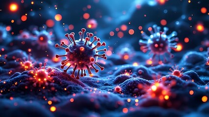 Sci-Fi Virus Spreading Across Bioengineered Bacteria Landscape with Futuristic Lights and Molecular Grid Background
